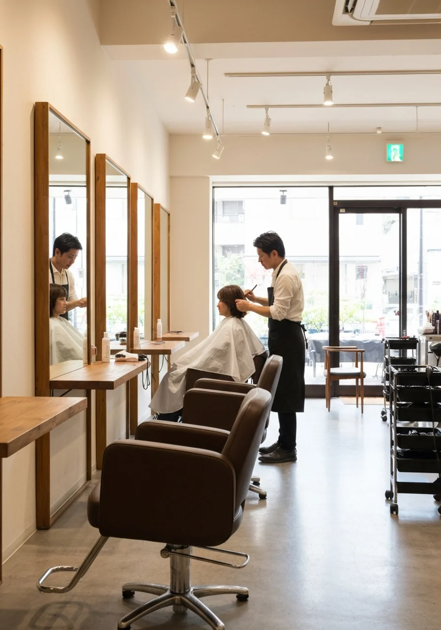 受付まわりに商品が並ぶ美容室の室内を斜めから撮った写真