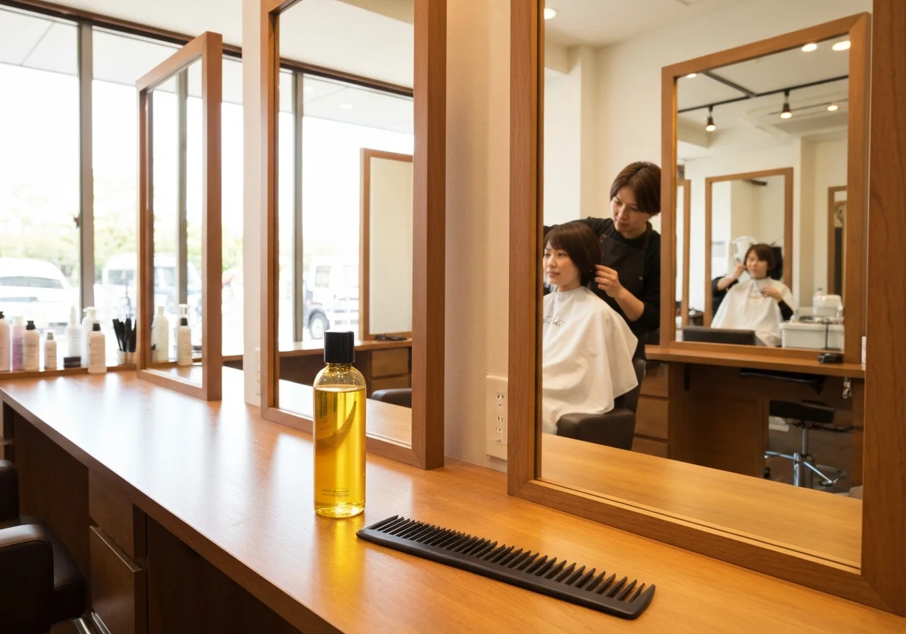 鏡の前に置かれたヘアオイルのボトルとコームの写真