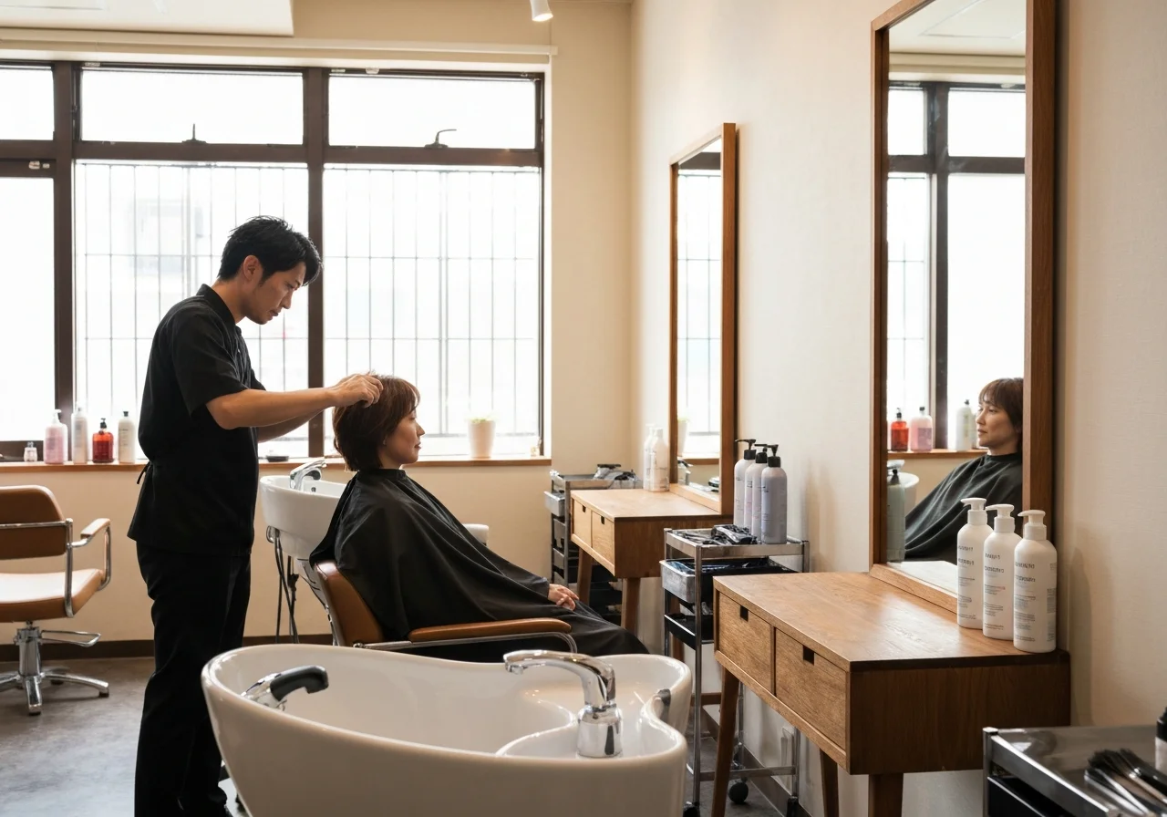 シャンプー台のまわりに並んだヘアケア商品を横から撮った写真