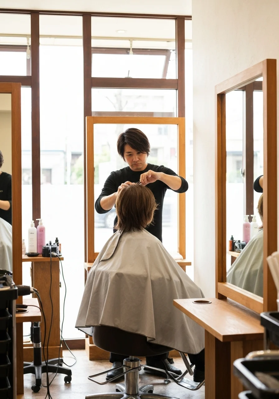 シャンプー台の横で商品を手に取るスタッフの作業風景の写真
